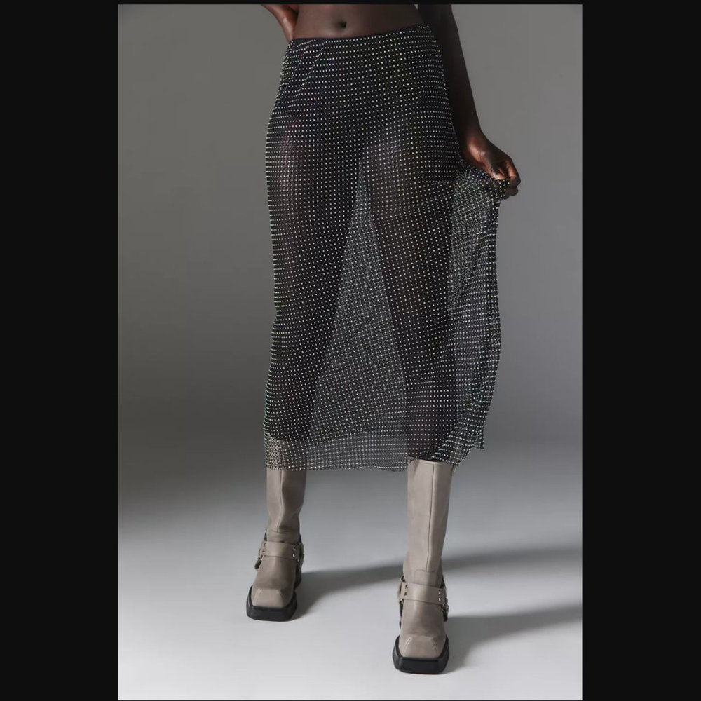 Silence + Noise Sheer Black Diamante Fishnet Maxi Skirt womens L - Picture 4 of 5
